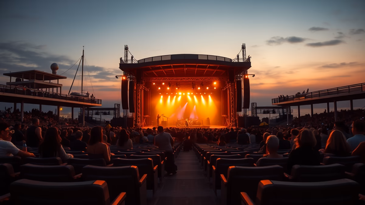 Jones Beach Theater at sunset with concert lights and crowd