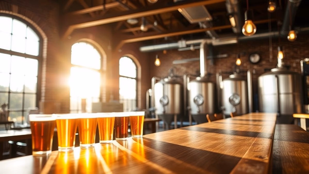 Long Island craft brewery taproom with outdoor seating at golden hour