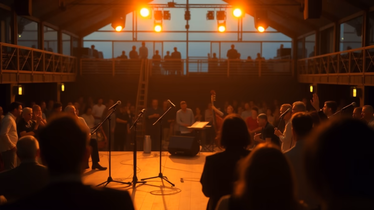 Long Beach boardwalk bandshell at sunset with a concert crowd and the Atlantic Ocean