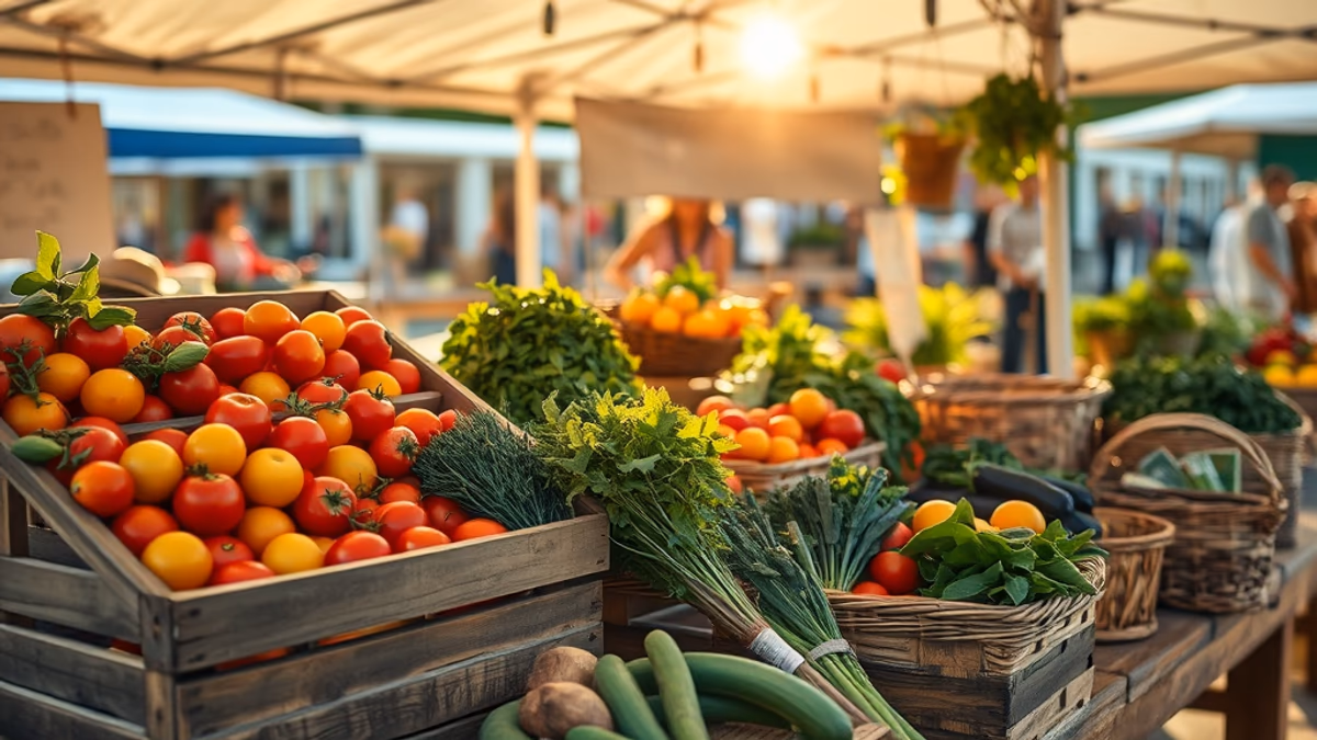Northport Village Main Street Saturday farmers market with families and stalls