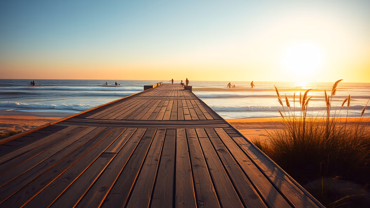 Long Beach boardwalk at sunset with the ocean and the West End bars in the distance