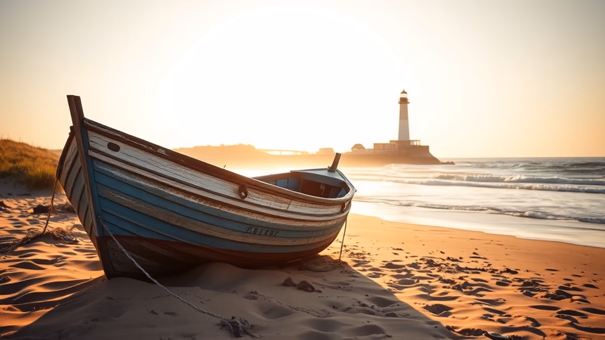 Montauk Point Lighthouse at golden hour with the Atlantic