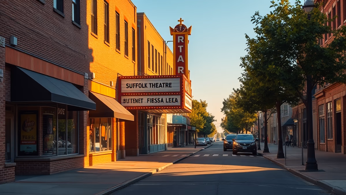 Downtown Riverhead Main Street with the Long Island Aquarium banner and the Suffolk Theater marquee